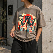 Catzilla Cat Japanese Art Cat for Kids 0714D 818 Vintage Washed T-Shirt in Brown