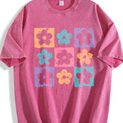 Checkered Flowers Retro Checkered Spring Vintage Washed T-Shirt in Red