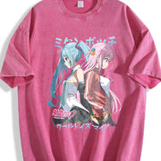 Hatsune Miku singer music anime Hip Hop vintage washed oversized T-shirt in Red