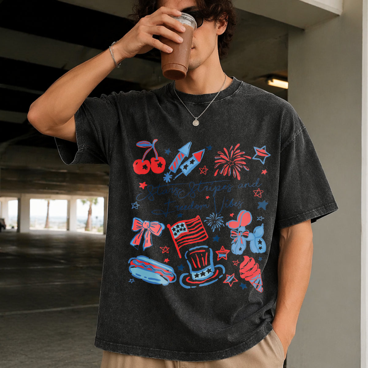 Stars Stripes and Freedom Vibes Vintage Washed T-Shirt in Black
