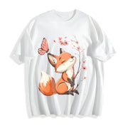 Floral Butterfly Fox Cotton T-Shirt in White