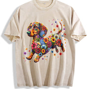 Floral Dachshund Vintage Washed T-Shirt in Beige