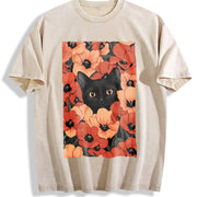 Blockbuster Black Cat and Red Daisy Vintage Washed T-Shirt in Beige