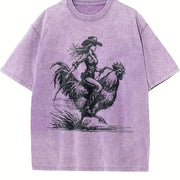 Retro Cowgirl Riding Chicken 90s Vintage Washed T-Shirt in Purple