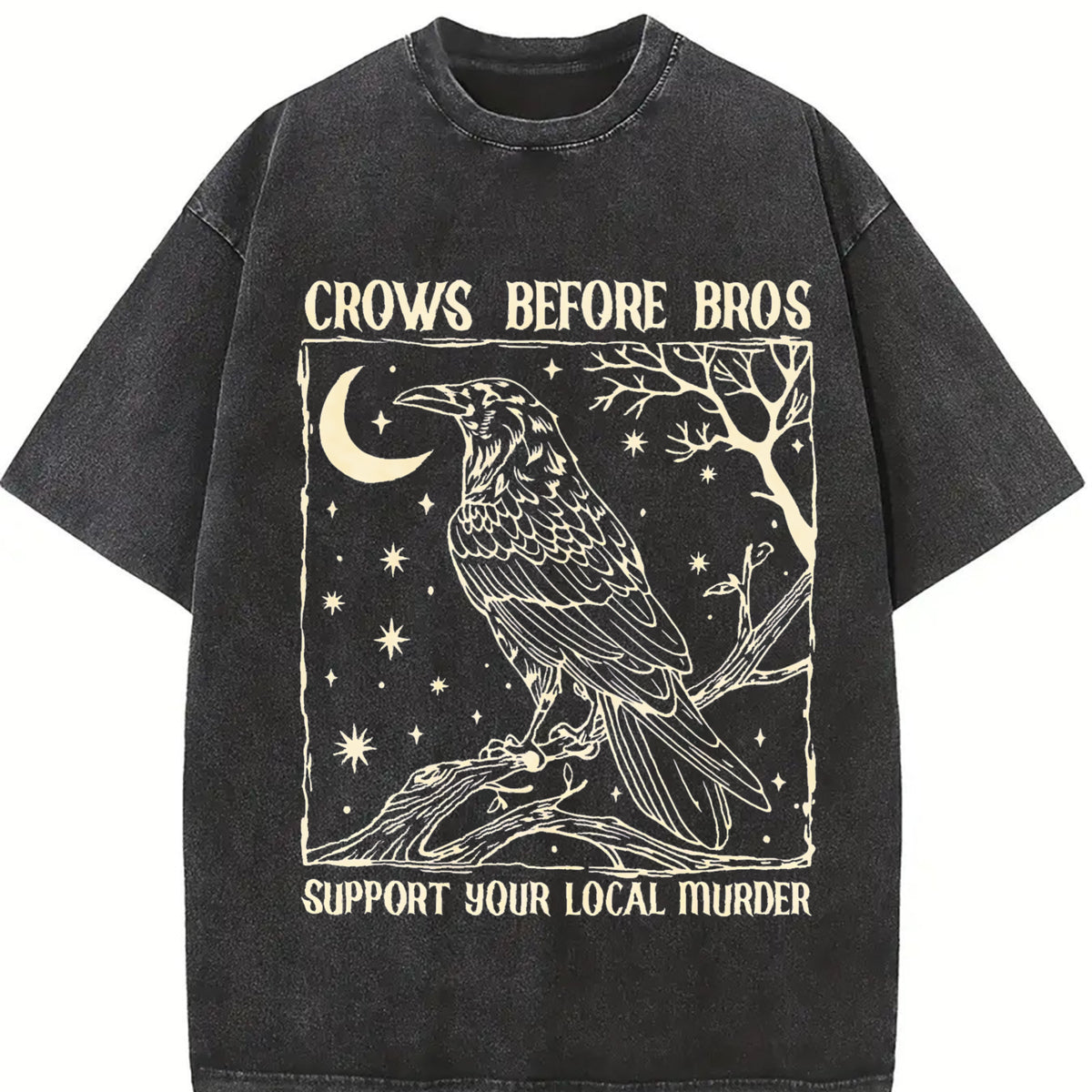 Crows Before Bros Nighttime Crow Vintage Washed T-Shirt in Black