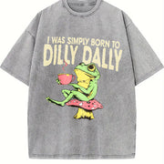 Frog on Mushroom Born to Dilly Dally Meme Vintage Washed T-Shirt in Gray