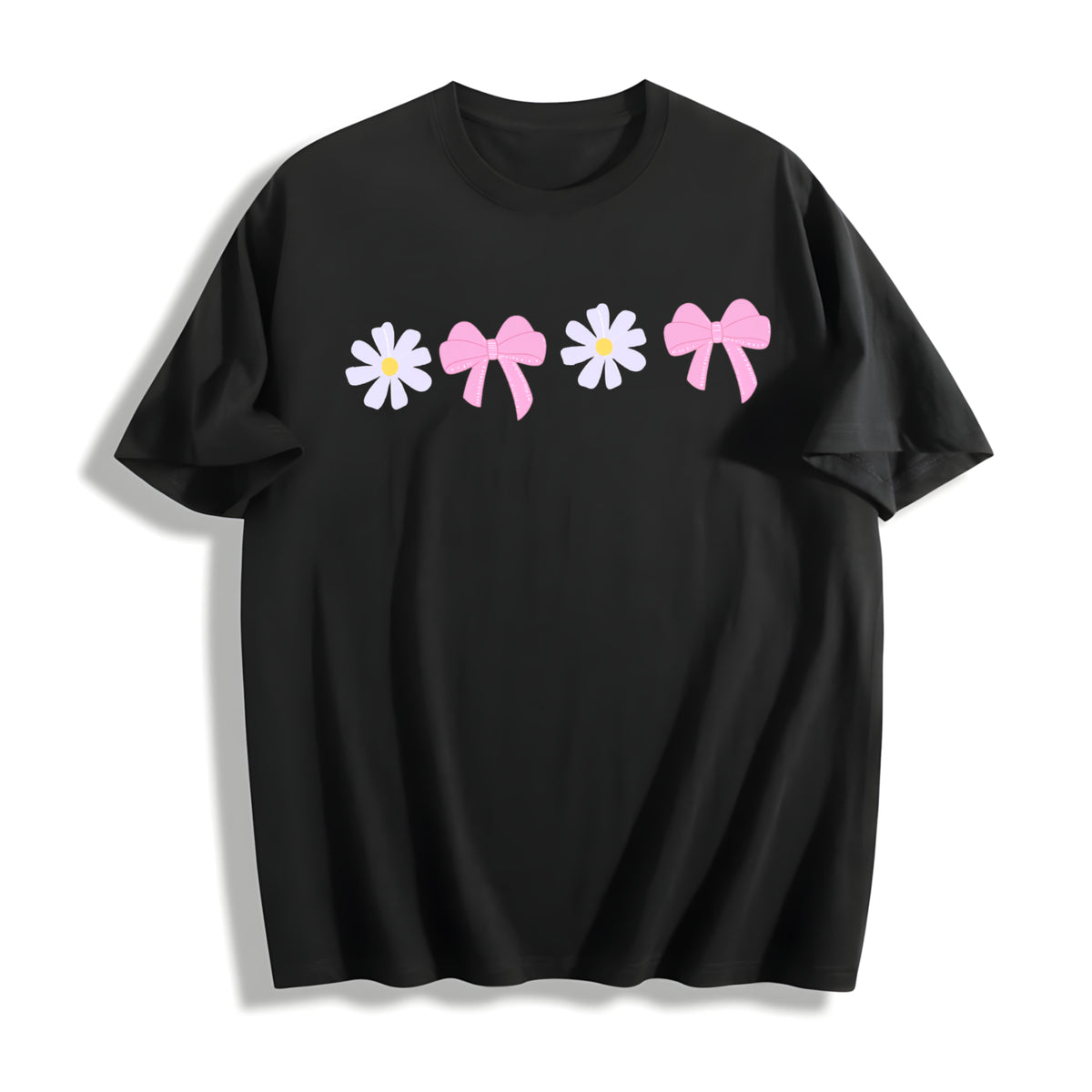 Daisy Bow Embroidered Cotton T-Shirt in Black