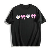 Daisy Bow Embroidered Cotton T-Shirt in Black