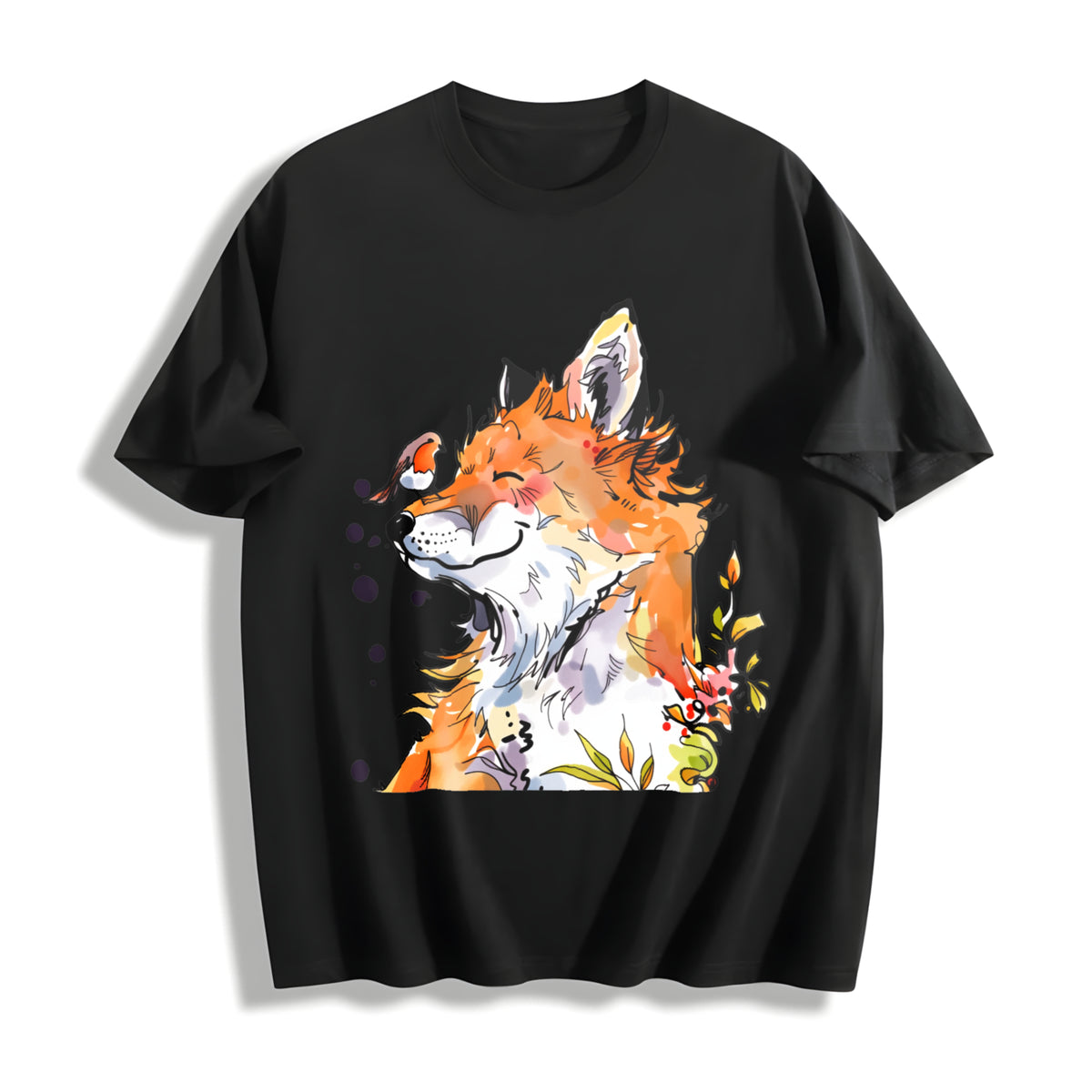 Watercolor Fox and Bird Floral Cotton T-Shirt in Black