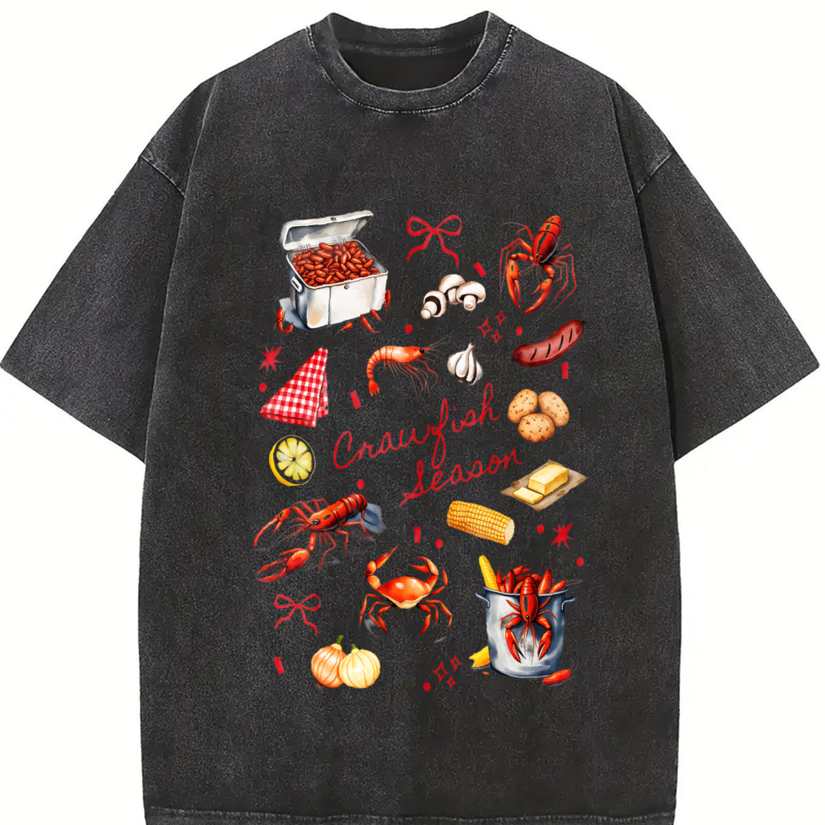 Crawfish Season Boil Girly Vintage Washed T-Shirt in Black