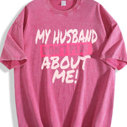 Premium My Husband Don't Play About Me Matching Couple Vintage Washed T-Shirt in Red