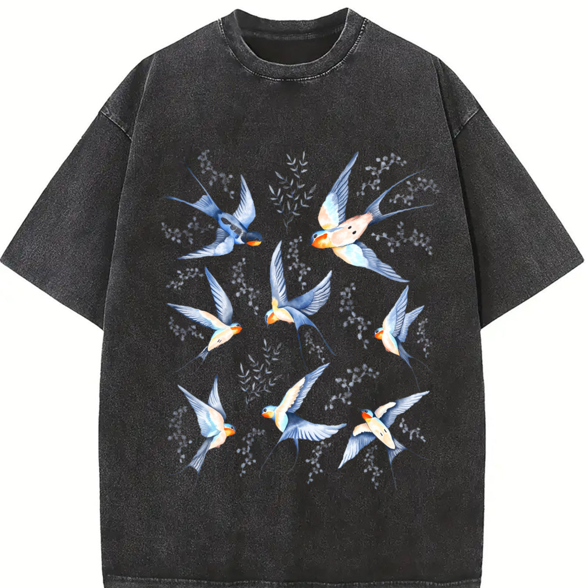 Birds Retro 90s Tattoo Vintage Washed T-Shirt in Black
