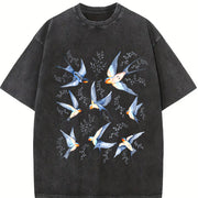 Birds Retro 90s Tattoo Vintage Washed T-Shirt in Black