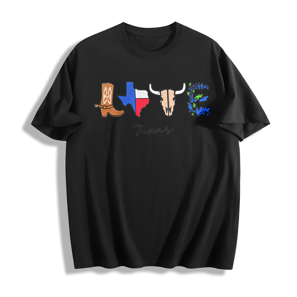 Embroidered Texas Cowboy Cotton T-Shirt in Black