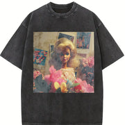 Glam Doll with Flowers Vintage Washed T-Shirt in Black