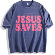Jesus Saves Christian Gym Pump Cover vintage washed oversized T-shirt in Blue