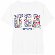 USA Floral Letters Cotton T-Shirt in White