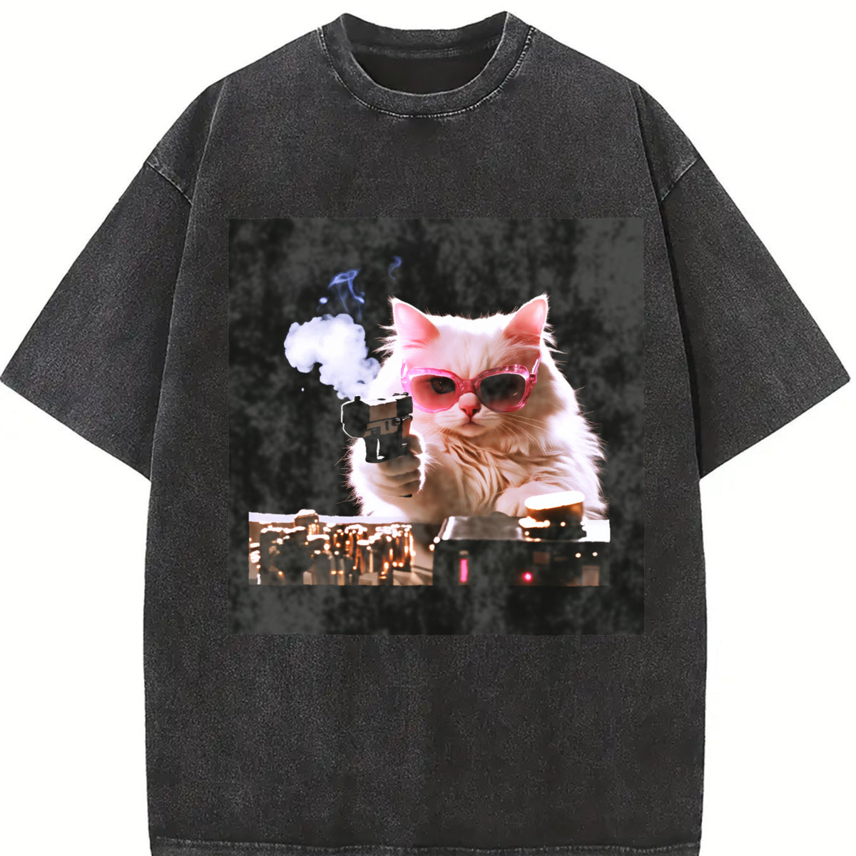 Cute Cat Kitten Vintage Washed T-Shirt in Black