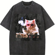 Cute Cat Kitten Vintage Washed T-Shirt in Black