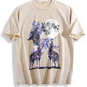 Three Wolf Retro Wolves Howling Moon Vintage Washed T-Shirt in Beige