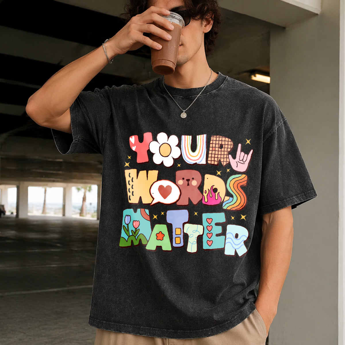 Your Words Matter Special Education Teacher Vintage Washed T-Shirt in Black