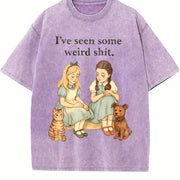 Cat Dog Retro Storybook Humor Vintage Washed T-Shirt in Purple
