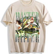Master Baiter Bass Fishing Fisher Papa Dad Happy Fathers Vintage Washed T-Shirt in Beige