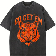 Go Get Em Tiger Motivational Big Cat Cute Ladies Vintage Washed T-Shirt in Black