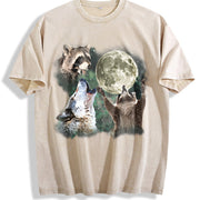 Retro Moon Raccoon and Wolf Retro Wolf Moon Galaxy Vintage Washed T-Shirt in Beige