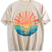 Retro Ocean Sunset Vintage Washed T-Shirt in Beige