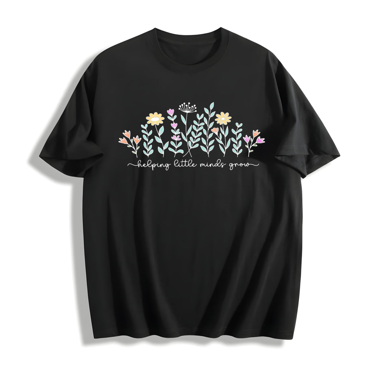 Teacher Helping Little Minds Grow Cotton T-Shirt in Black