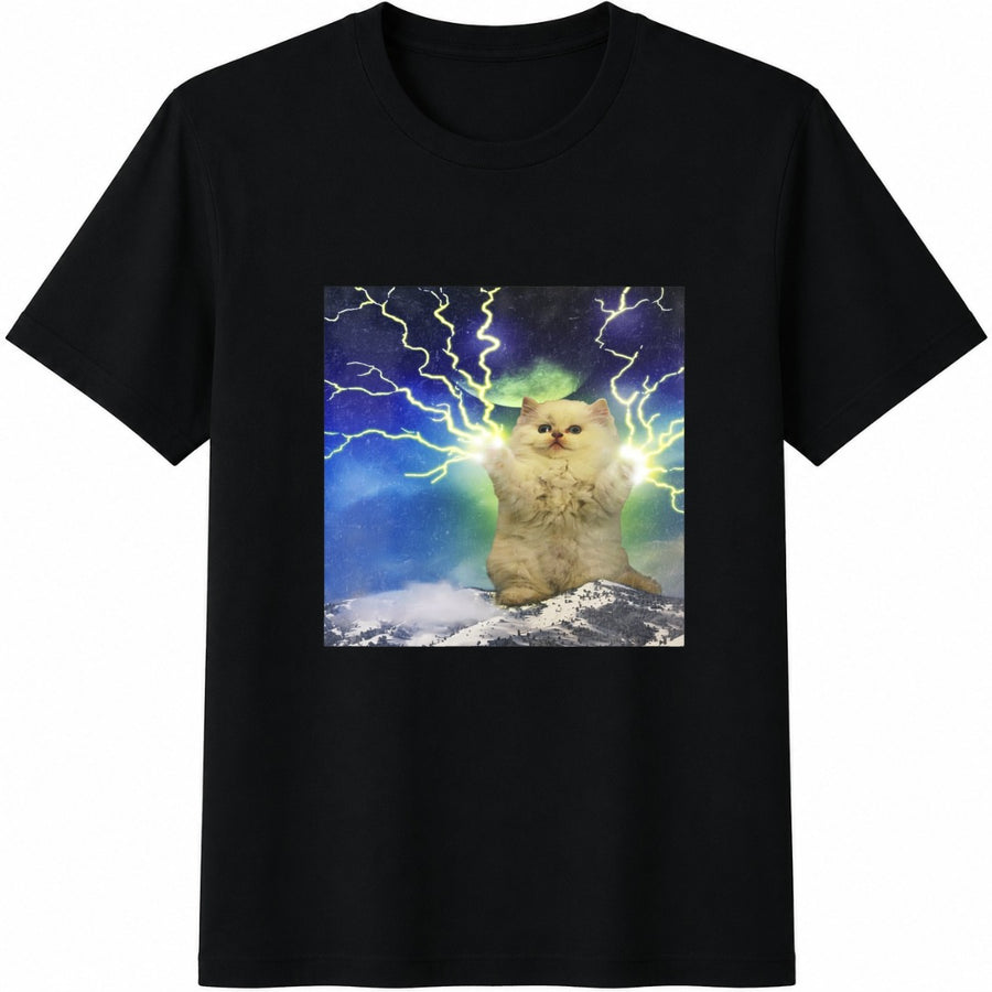 Lightning Cat Electric Power Thunder Cotton T-Shirt in Black