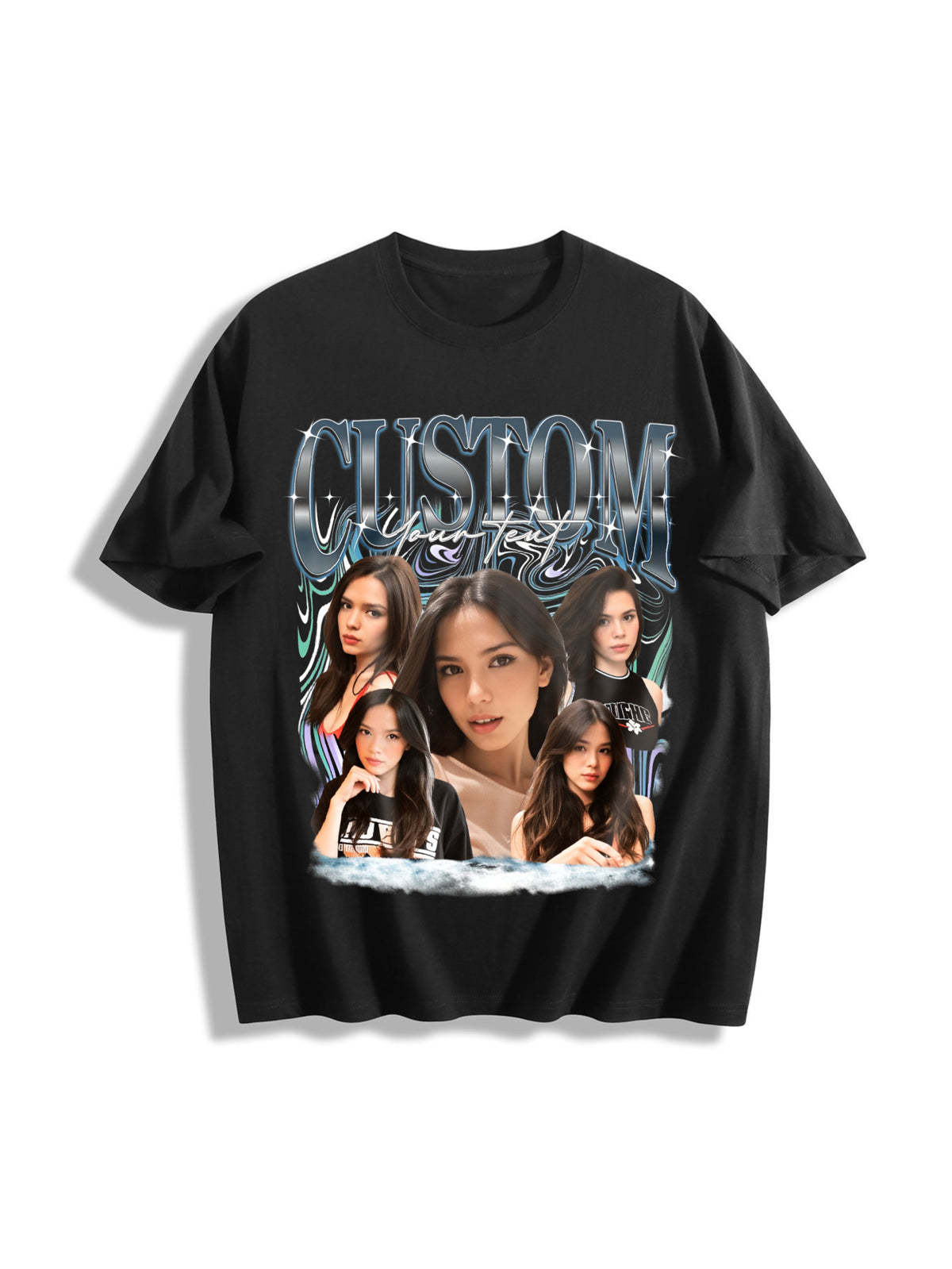 Custom Photo Bootleg Girlfriend 6 Face 90s Retro Cotton T-Shirt in Black