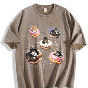 Cat Donut 90s Retro Cats in Space Vintage Washed T-Shirt in Brown