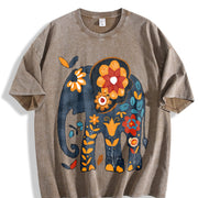 Bohemian Elephant with Vibrant Elephant & Floral Vintage Washed T-Shirt in Brown