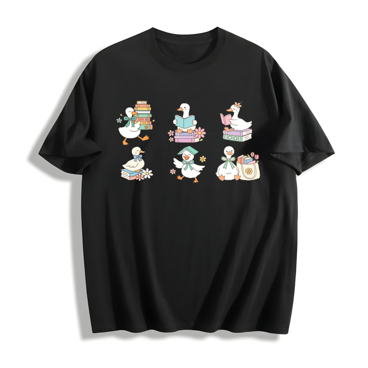 Silly Goose Reading Cotton T-Shirt in Black