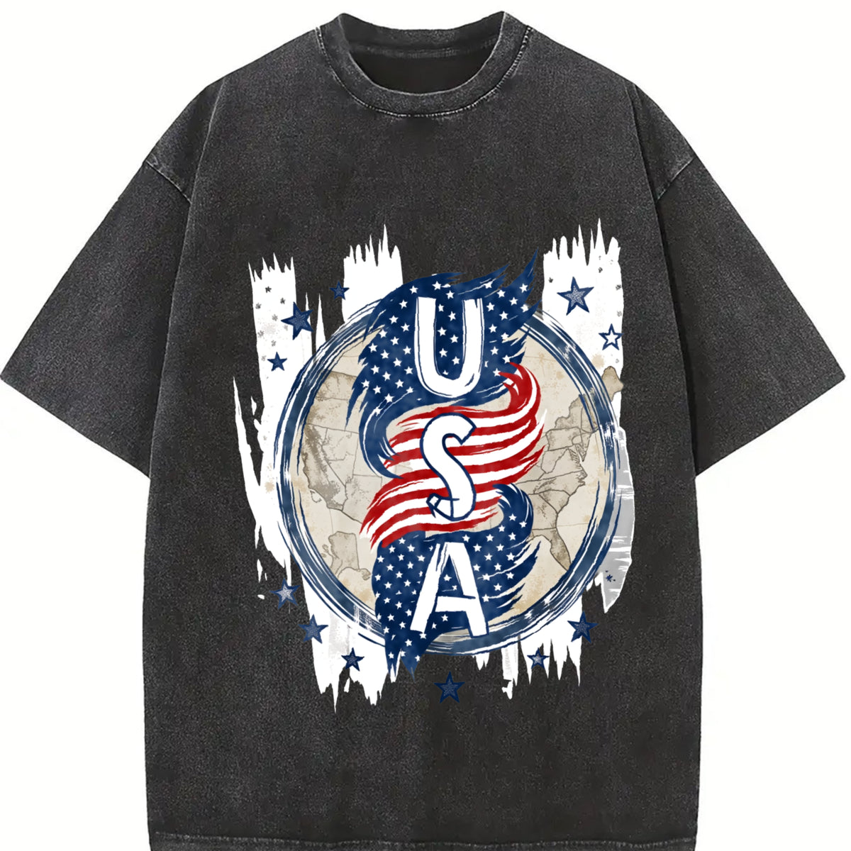 Vertical USA Flag Eagle Vintage Washed T-Shirt in Black
