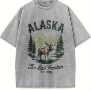 Retro Alaska the Last Frontier Moose 90s Vintage Washed T-Shirt in Gray