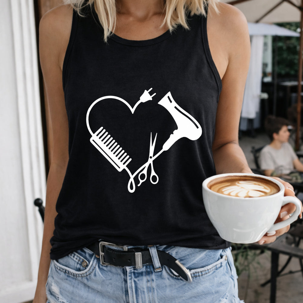 Heart Comb Scissors Hairdryer Crew-neck Sleeveless Vest Women's Color Cotton Tank Top in Black
