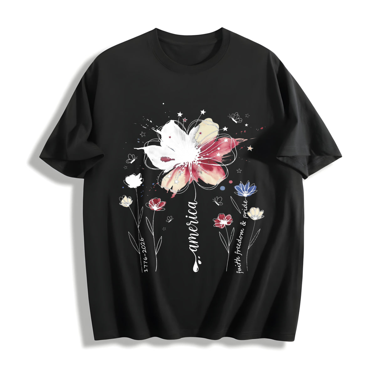 American Floral Patriotic Wildflower Cotton T-Shirt in Black