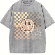 Smiling Flower Checkered Retro Vintage Washed T-Shirt in Gray