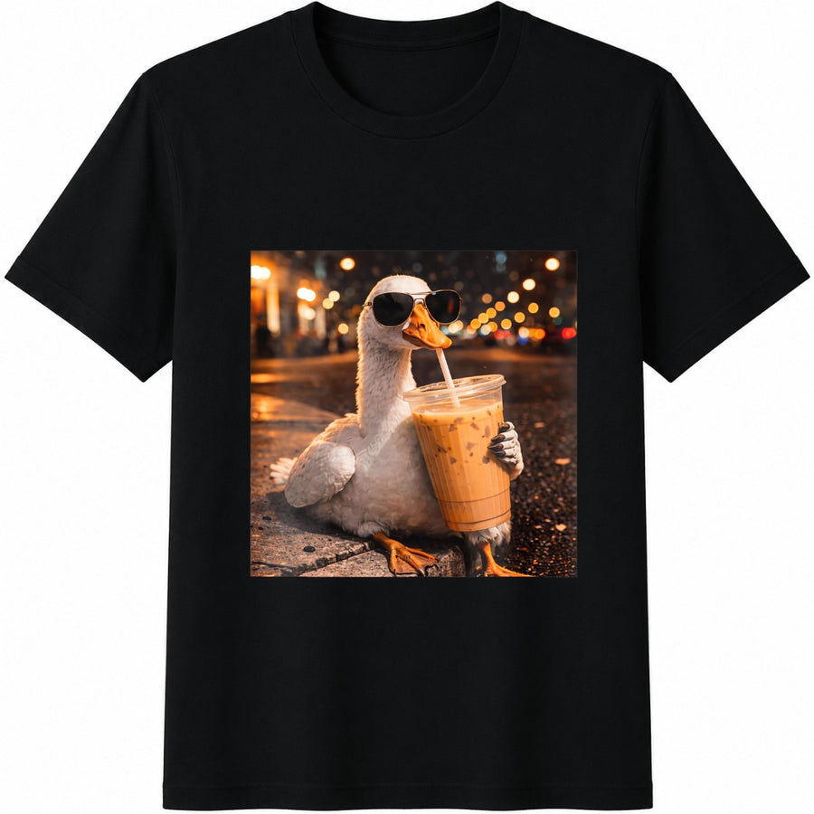 Duck Drinking Iced Coffee Cotton T-Shirt in Black