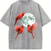 Red Cardinal Howling at Moon 90s Vintage Washed T-Shirt in Gray