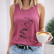Heart Coffee Cup Art Crew-neck Sleeveless Vest Outdoor Women's Color Cotton Tank Top in Red