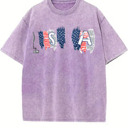 USA Flags Typography Vintage Washed T-Shirt in Purple