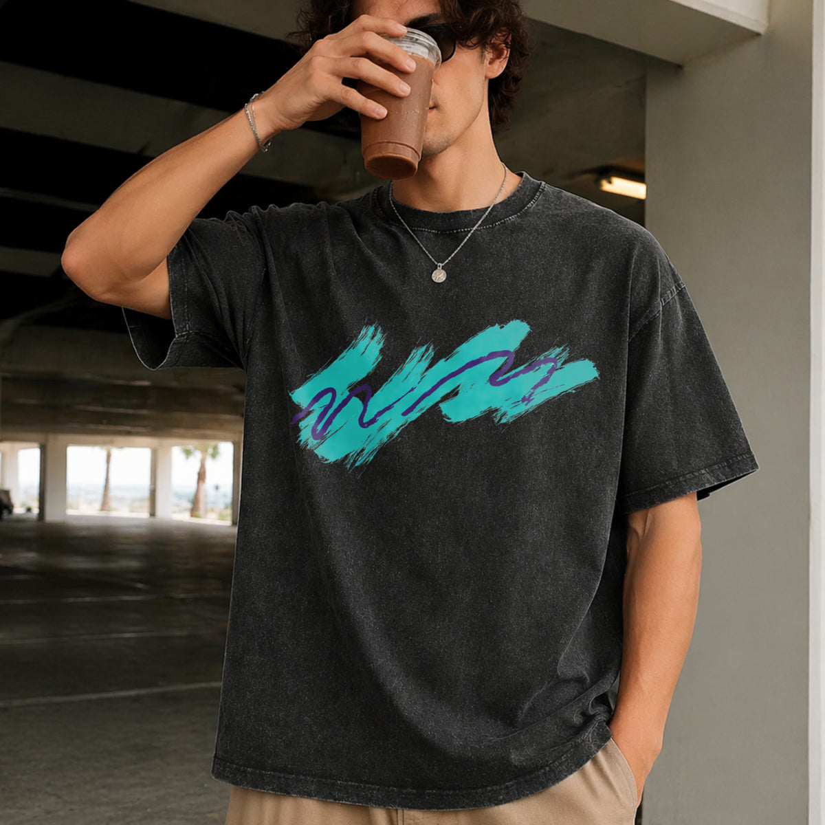 90's Paper Cup Nostalgia Vintage Washed T-Shirt in Black