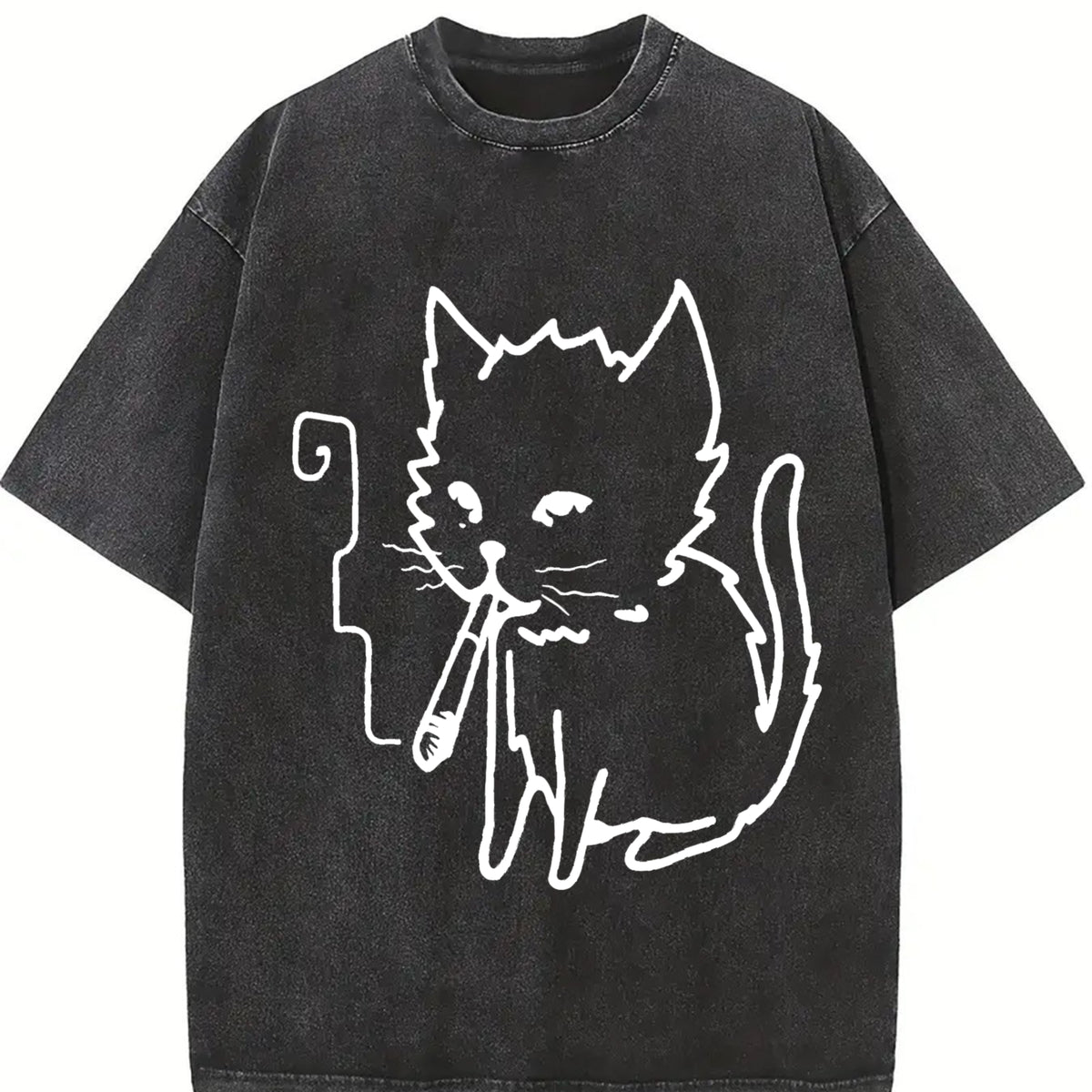 Cat Smoking Y2k Vintage Washed T-Shirt in Black