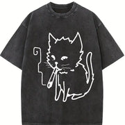 Cat Smoking Y2k Vintage Washed T-Shirt in Black