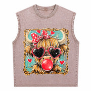 Highland Cow Valentine Coquette Valentine Heart Leopard Vintage Washed Tank Top in Brown