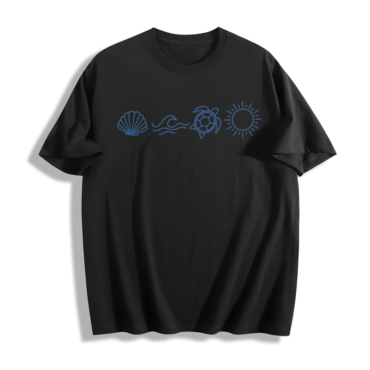 Ocean Icons Embroidered Cotton T-Shirt in Black
